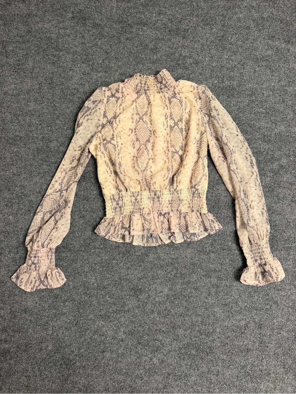 Japna Beige Snake-Print Smocked Peplum Blouse